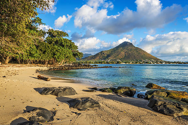 Vue panoramique de la baie de Tamarin avec Le Morne en arrière-plan, côte Ouest mauricienne